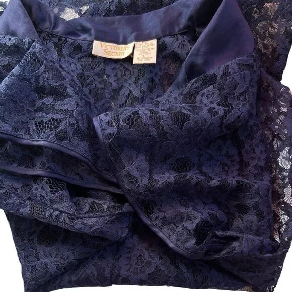 Vintage Victoria's Secret Gold Label Satin Collar Navy Lace Top Short Sleeve - Picture 4 of 7